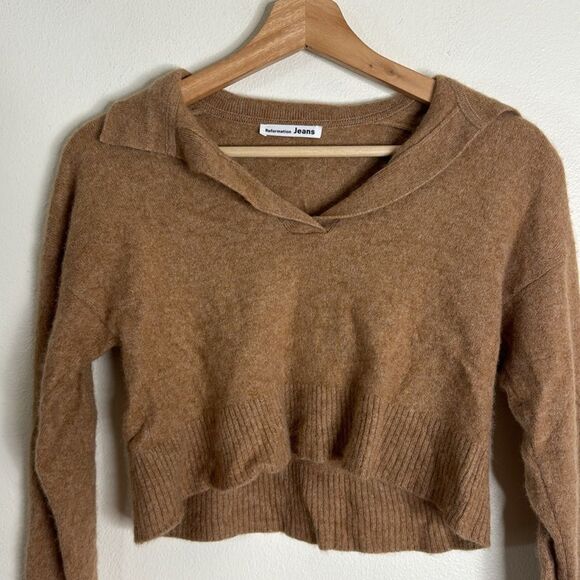 REFORMATION Brown Cashmere Polo Cropped Sweater size XS cozy soft prep - Picture 3 of 11